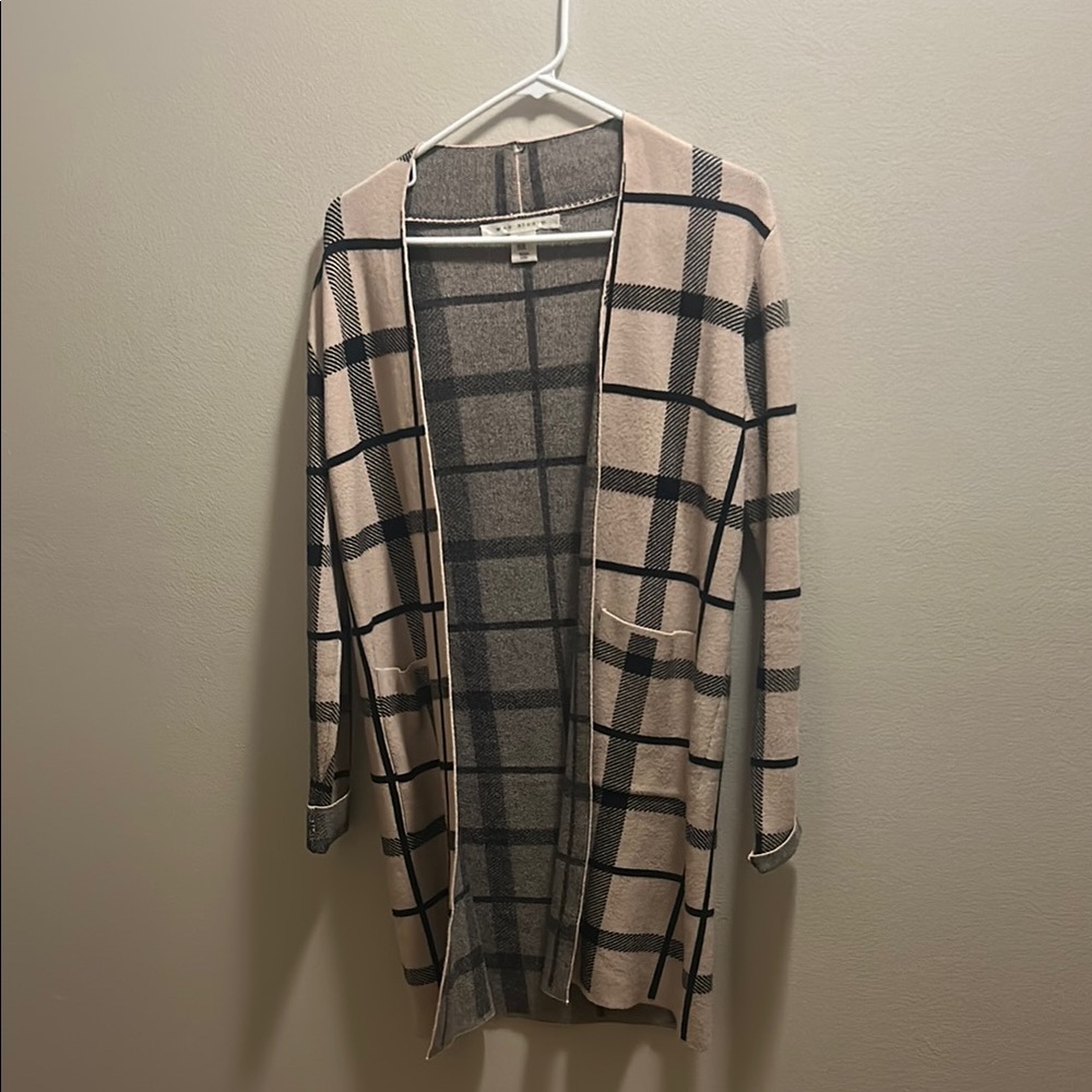 Max Studio Checkered Open-Front Cardigan in Black and Cream